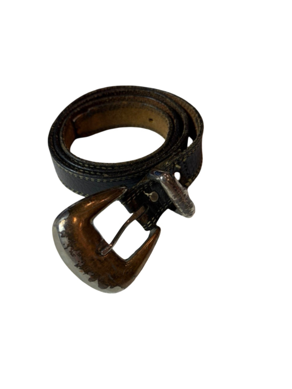 Jenny & the Boys Vintage Black Leather Belt Size 34 Sculptural Silver Buckle